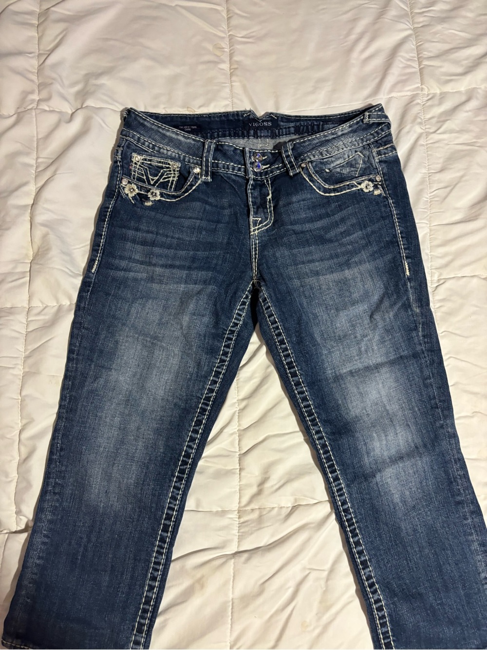 Vigoss Medium/Dark Blue Bootcut Jeans with Embroidered Front Pockets